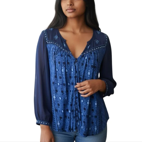 Lucky Brand Blue Embroidered Boho High Low Top Medium - Picture 1 of 7